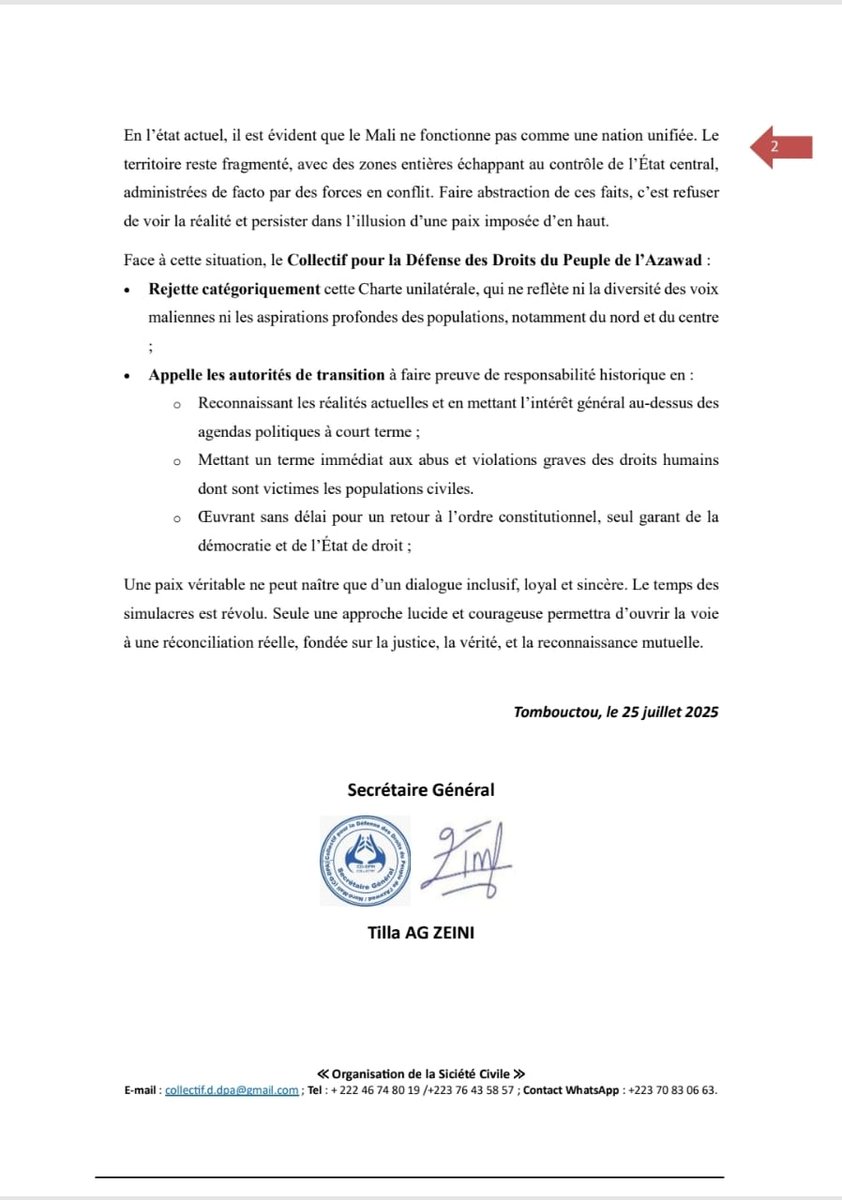 Déclaration du Collectif pour la Défense des Droits du Peuple de l’Azawad, relative à la charte pour la paix et la réconciliation au Mali.