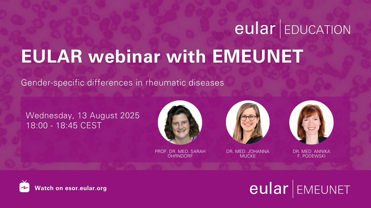 eular_org's tweet image. 🚀Join us on our #EULAR and #EMEUNET Webinar: "Gender-specific differences in rheumatic diseases"
💻Wednesday, 13 Aug 2025, 18:00-18:45 CEST
Register here👉pulse.ly/9vbmtn68dz
#eularEMEUNET #Rheumatology