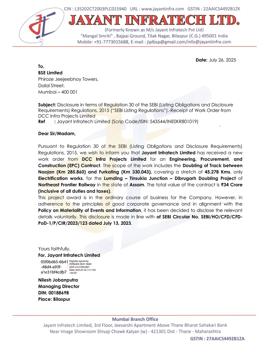nileshkurhade's tweet image. 📌 Jayant Infratech Ltd informed the exchange about receiving a new work order from DCC Infra Projects Limited for an Engineering, Procurement, and Construction (EPC) Contract with a total value of ₹34 Crore (inclusive of all duties and taxes). The scope of the work includes the…