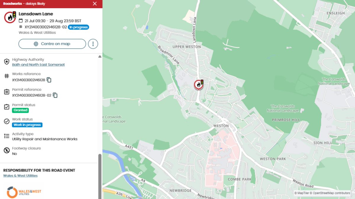 bathnes's tweet image. Wales & West Utilities have begun work to upgrade gas pipes in Upper Weston, Bath.
📍 Lansdown Lane, Upper Weston
🗓️ 21 Jul - 29 Aug
🚦Temporary signals in place
For more info visit their website 🔗
wwutilities.co.uk/news-and-blog/…
Please plan your journey if travelling in the area.
