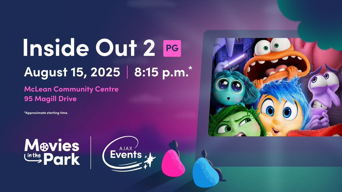 TownOfAjax's tweet image. 📽 Join us for the last Movies in the Park of the summer featuring Inside Out 2 (PG)! Enjoy a unique outdoor, free family cinema experience on a giant screen. 📽
📆 Fri., Aug. 15
📍 MCC
🕗 Approx. 8:15 p.m.
Details ➡️ bit.ly/3GU7zGV