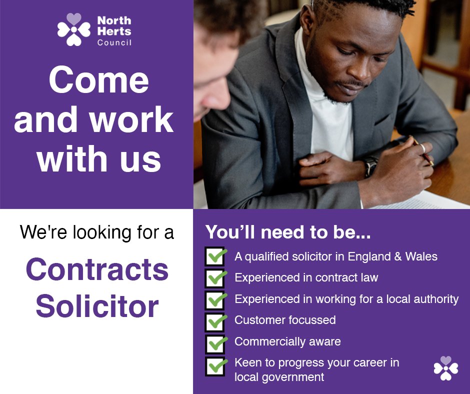 An exciting opportunity to join a supportive and successful in-house commercial legal team who provide a cost effective and high-quality legal service to the Council has arisen.

Find out more and apply: north-herts.gov.uk/contracts-soli…
