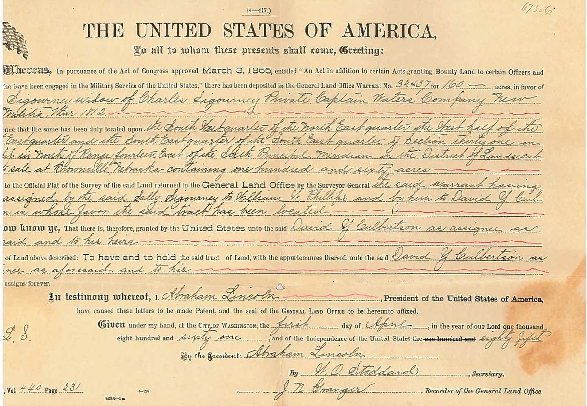 Scrip Warrant⁉️

Veterans or their descendants could claim up to 160 acres through the 1855 Scrip Warrant Act.

Our museum holds a scrip redeemed by David Culbertson in NE. This scrip passed through three people before getting to David!

📷: NPS

#ScripWarrant #MuseumCollections