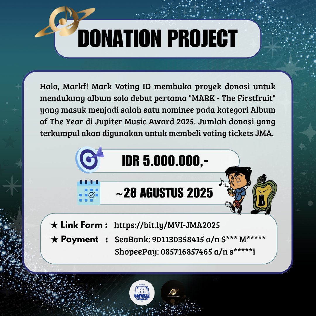 MarkVotingID_'s tweet image. [📢] MARK LEE’S JUPITER MUSIC AWARD DONATION PROJECT 2025

A digital donation project to support Mark&apos;s first solo debut album &quot;The Firstfruit&quot; on 2nd Jupiter Music Award for Album of The Year category.

For detailed info please check at the link.

🔗: bit.ly/MVI-JMA2025