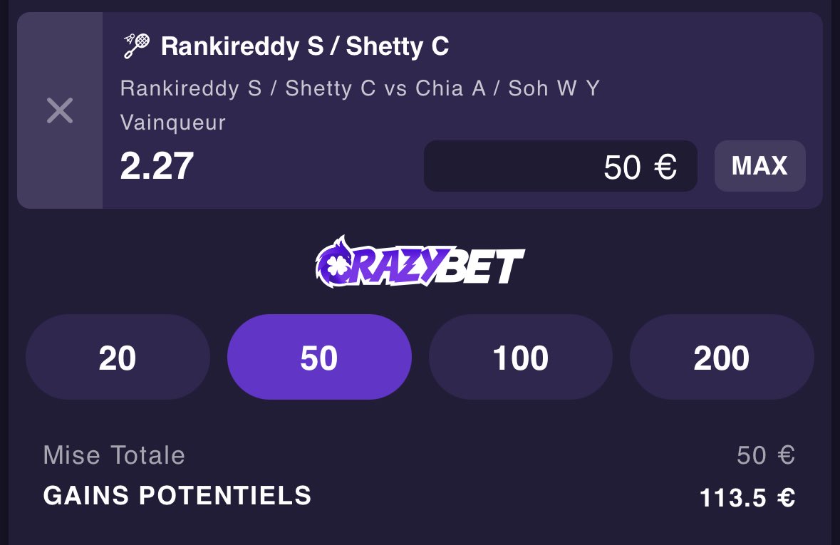 Rpronoooo's tweet image. Montante by Rpronooo 🥷
1ere étape :
50➡️113€⏳⏳
Rankireddy/Shetty win 2.05 🇮🇳
❤️ si tu suis ! ✌🏼
On prend de gros risque sur la 1ere étape ! ⚠️
Pour jouer avec les meilleures cotes et offfre de freebet ⬇️⬇️
bit.ly/rpronooo
Gl à tous 🍀🍀
#TeamParieur