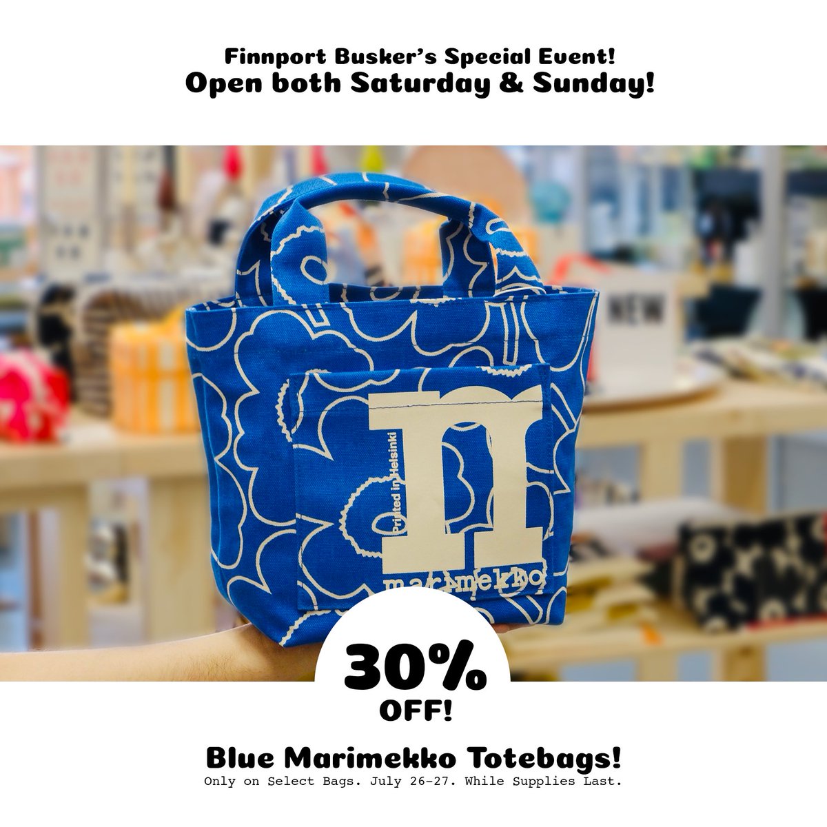 Busker Festival Weekend Sale at Finnport!
Bay &amp; Algoma, Thunder Bay
July 26–27 (Sat &amp; Sun only!)
Saturday 11–4 | Sunday 12–4

We're celebrating the Bay &amp; Algoma Busker’s Festival with a TWO-DAY SALES EVENT you won’t want to miss!

Featured deals include beautiful Marimekko Mono