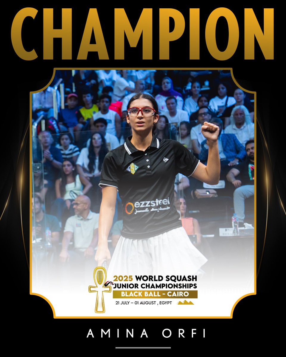 🚨 A NEW WORLD RECORD! 🚨

Egypt's Amina Orfi has become the first ever squash player to win FOUR World Squash Junior Championship titles!

Result: 2025 World Squash Junior Championship Women's Final

🇪🇬 [1] Amina Orfi beats [3/4] Nadien Elhammamy 🇪🇬
3-0: 11-7, 11-5, 11-5