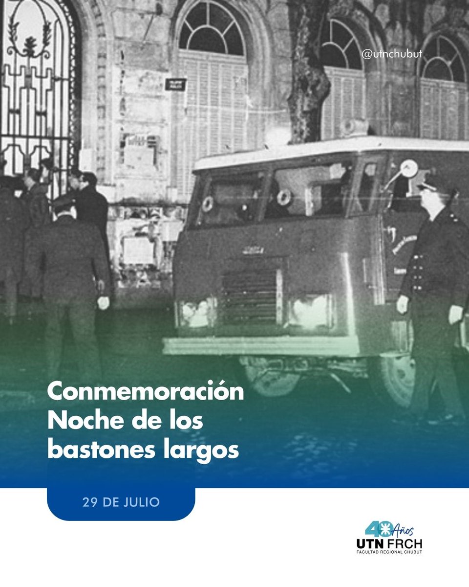 A 59 años de La Noche de los Bastones Largos.
Desde la FRCh reivindicamos el derecho a una universidad pública, libre, democrática y con pensamiento crítico, en defensa de la educación como bien común y derecho social.

#NocheDeLosBastonesLargos #UTNFRCh #UniversidadPública