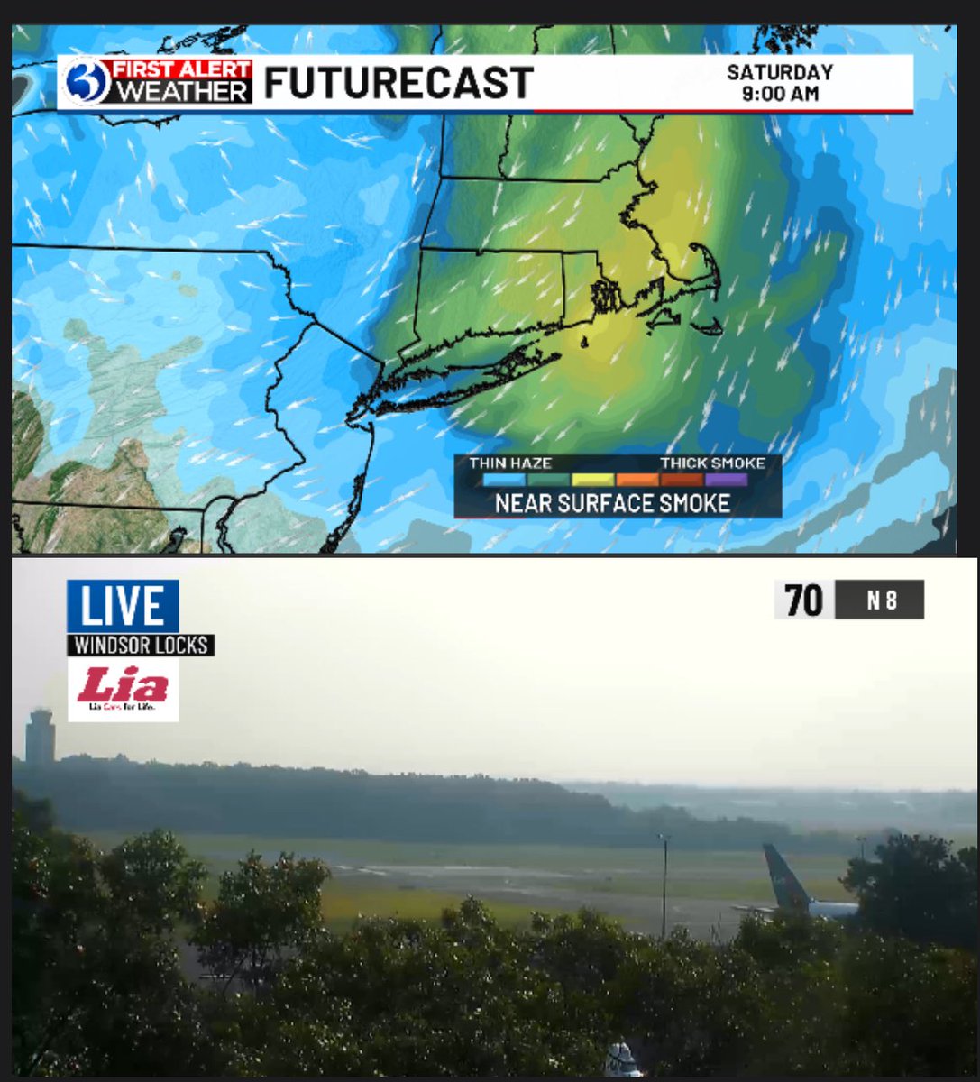 jillgilardi's tweet image. Notice the hazy π«οΈ look to the sky?! Itβs from Canadian #wildfire #smoke that has arrived! Thankfully this will only impact βunusually sensitive peopleβ & if you fall into that group then consider reducing outdoor activity! #FirstAlert