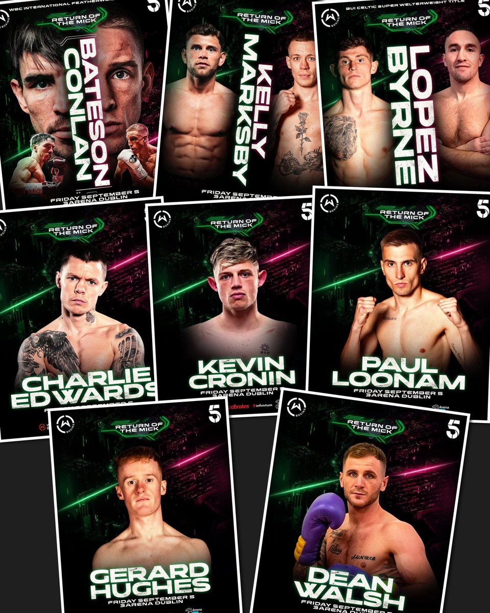 BoxingTicketsNI's tweet image. Current updated fight card for #ConlanBateson on September 5th at the 3 arena in Dublin
▪️Conlan v Bateson
▪️Kelly v Marksby
▪️Byrne v Lopez
▪️Edwards
▪️Cronin
▪️Loonam
▪️Hughes
▪️Walsh
Please contact fighters on the card for your tickets to save paying booking fees online