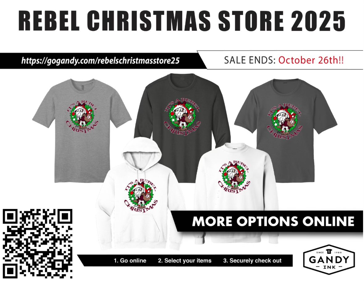 ℝ𝕖𝕓𝕖𝕝 𝕏ℂ (@rebelccountry) on Twitter photo Hey, REBEL Nation! Rebel Cross Country has worked with THE Norman Johnson, REBEL for Life, to design “It’s a REBEL Christmas” shirts and hoodies. This will be an online store only, and it closes October 26. Order online today! Please share with all your REBEL friends. Hey, REBEL Nation! Rebel Cross Country has worked with THE Norman Johnson, REBEL for Life, to design “It’s a REBEL Christmas” shirts and hoodies. This will be an online store only, and it closes October 26. Order online today! Please share with all your REBEL friends.