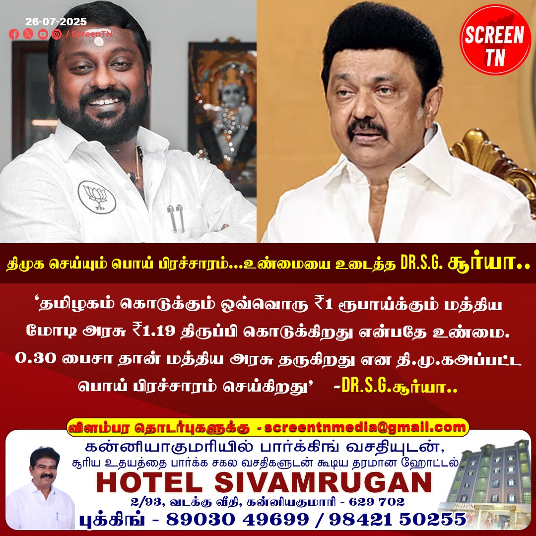 Screentnmedia's tweet image. திமுக செய்யும் பொய் பிரச்சாரம்...உண்மையை உடைத்த Dr.S.G. சூர்யா..
#screentn
#drsgsuryah #BJPGovernment #BJPTN #bjpitwingtn #BJPNEWS #bjpfans #BJPLeader #bjptamilnadu #bjpfanclub #bjpnewstoday #DMK #DMKTN #DMKGovt #MKStalin #MKStalinGovt
@SuryahSG @YDS4BJPTN @BJPTNSMWING