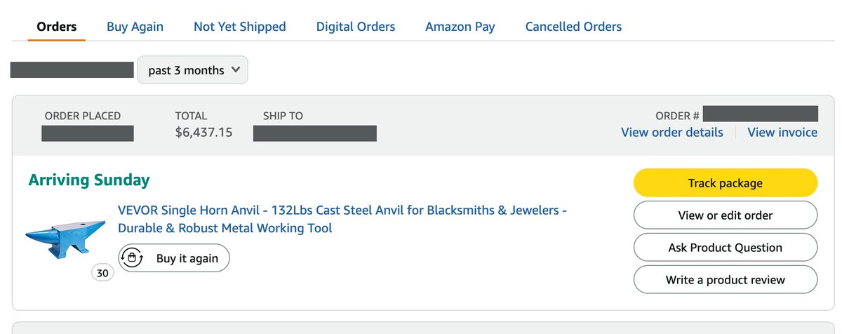 Some guy bought 30 132lbs (60kg) steel anvils on Amazon.

Not related to cybersecurity, but this is an important event to the Amazon delivery driver dropping off 3,960lbs (1,800kg) of steel at someones front door