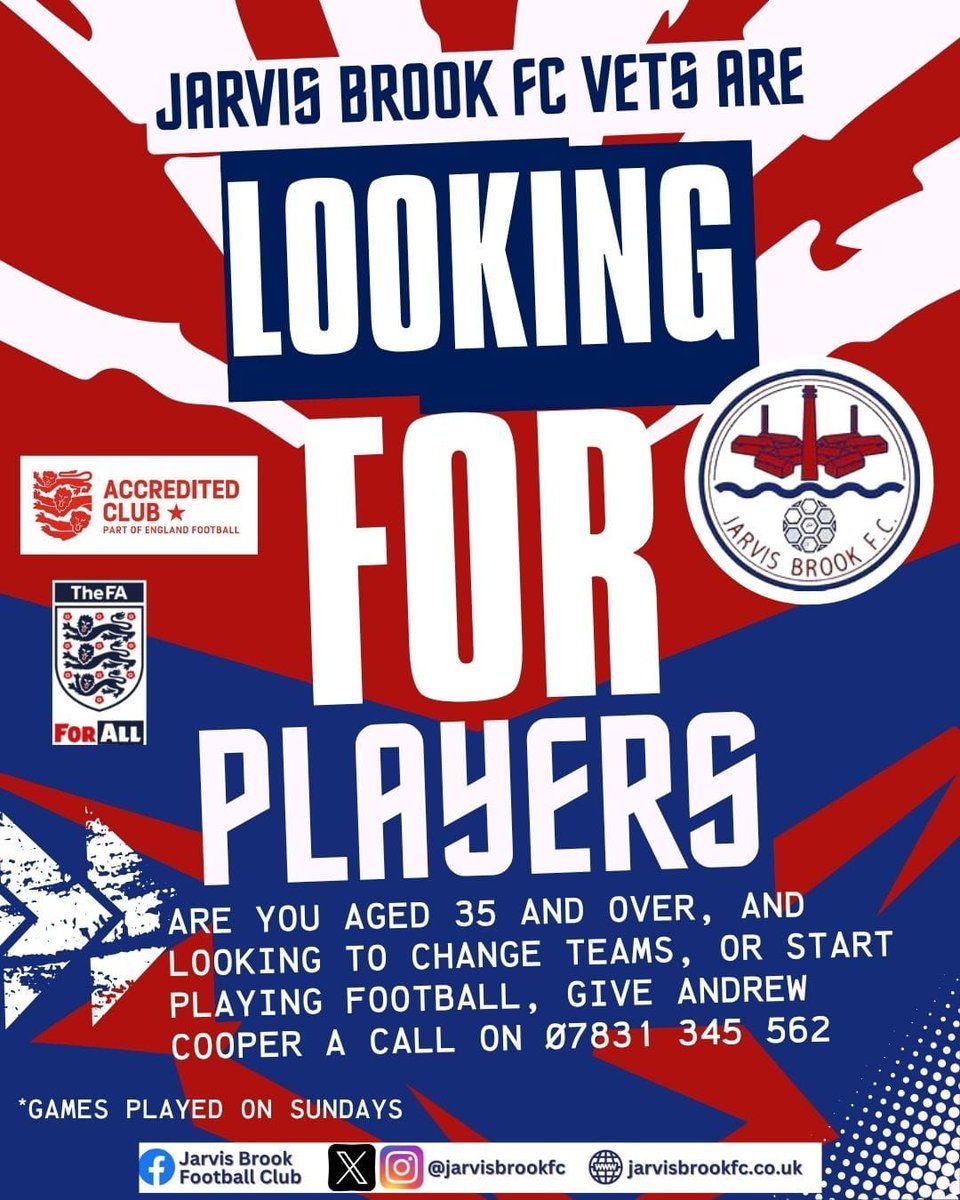 JARVISBROOKFC's tweet image. Age 35 or over and looking to play regular football? Join our Vets team here at Jarvis Brook Fc.