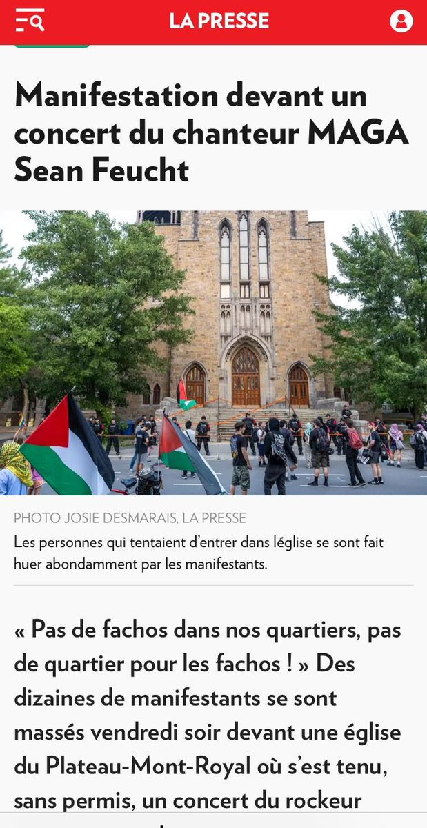 S_EFortin's tweet image. Les contours de la liberté d’expression…
D’un côté, un chanteur pro Trump, anti LGBTQ, contre les le droit à l’avortement, conspirationniste et antivaxx.
De l’autre, des militants, pro Palestine, qui font l’apologie d’un groupe terroriste reconnu par le 🇨🇦, qui en appellent…