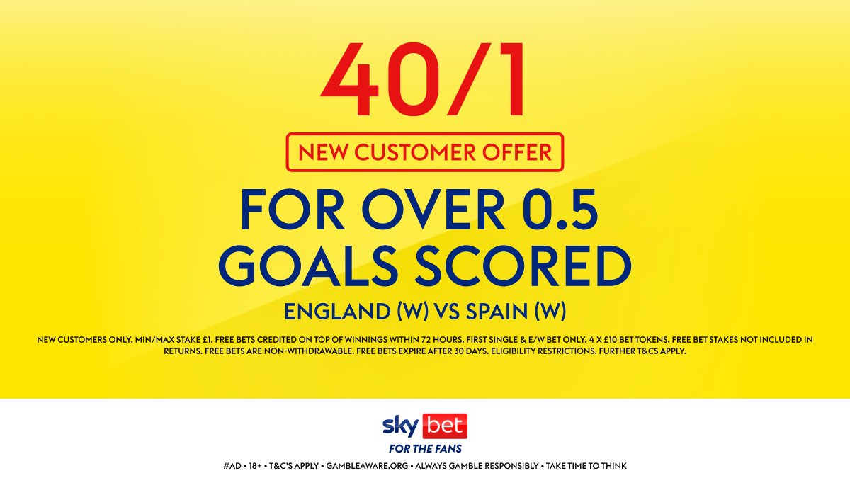 FootyAccums's tweet image. The Women's Euros Final kicks off tomorrow! 🏴🇪🇸
SkyBet have enhanced Over 0.5 goals scored to 40/1 ! 🚀
When you join HERE 👉 footyaccums.bet/SkyEuroFinalOf…
#Ad | 18+ | New Customer Offer | T&C's Apply | GambleAware | £1 max bet | Winnings paid in free bets