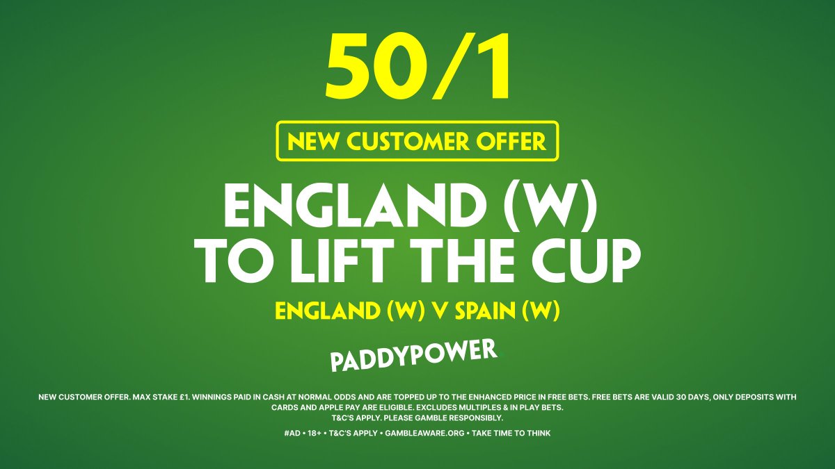 FootyAccums's tweet image. COME ON ENGLAND! 🏴
Paddy Power have enhanced ENGLAND TO LIFT THE CUP @ 50/1 for new customers! 🚀
Claim HERE 👉 footyaccums.bet/PPENGvSPAOffer
#Ad | 18+ | New Customer Offer | T&C's Apply | GambleAware | £1 max bet | Winnings paid in free bets