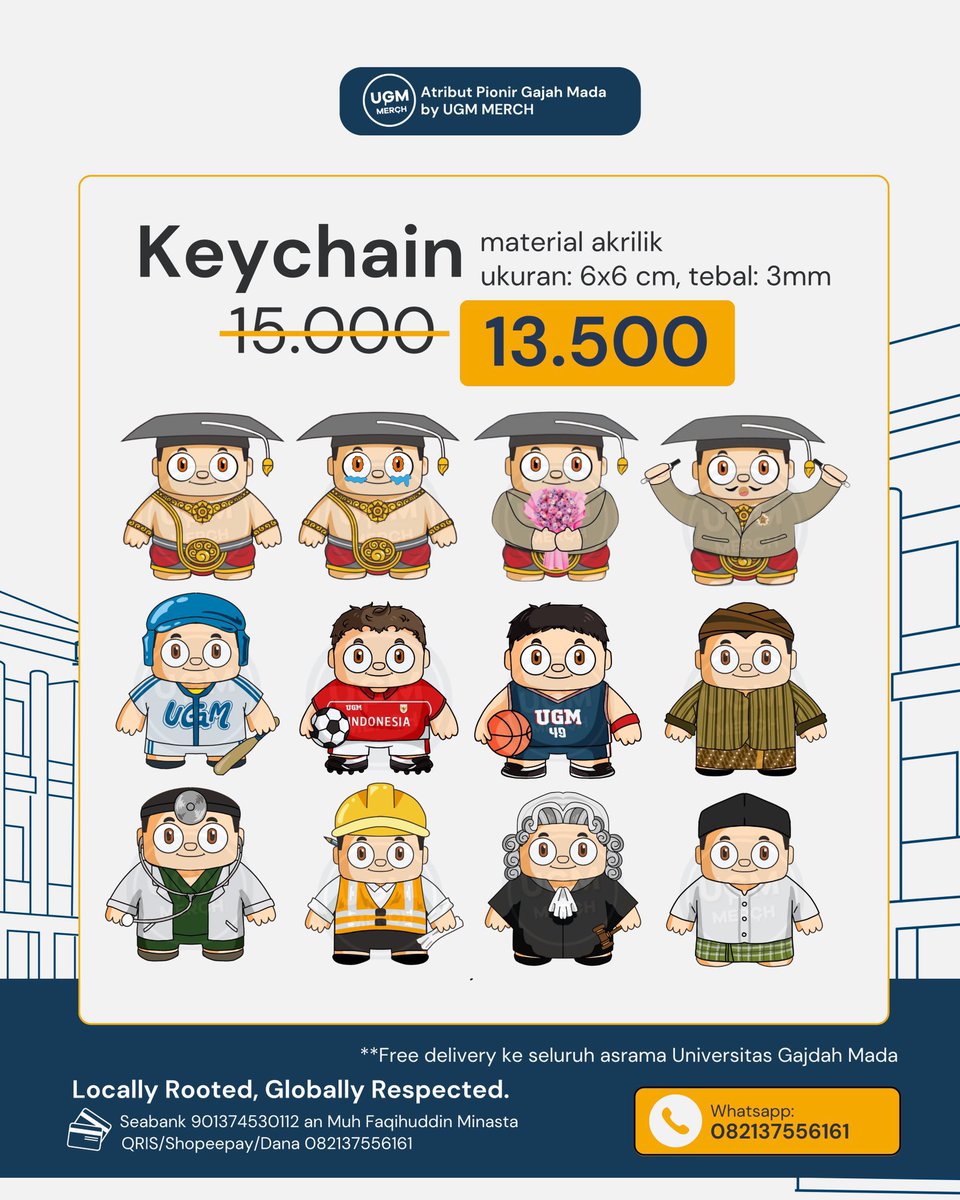 UGM_FESS's tweet image. Open Pre-Order Merchandise Gadjah Mada

Halo semuanyaa! Meskipun atribut sudah habis, merchandise seperti gantungan kunci, lanyard, topi, dan totebag masih dapat dipesan ya. Terima kasih atas antusiasme teman-teman!

hubungi: wa.me/+6282137556161

Pembayaran dapat melalui:…