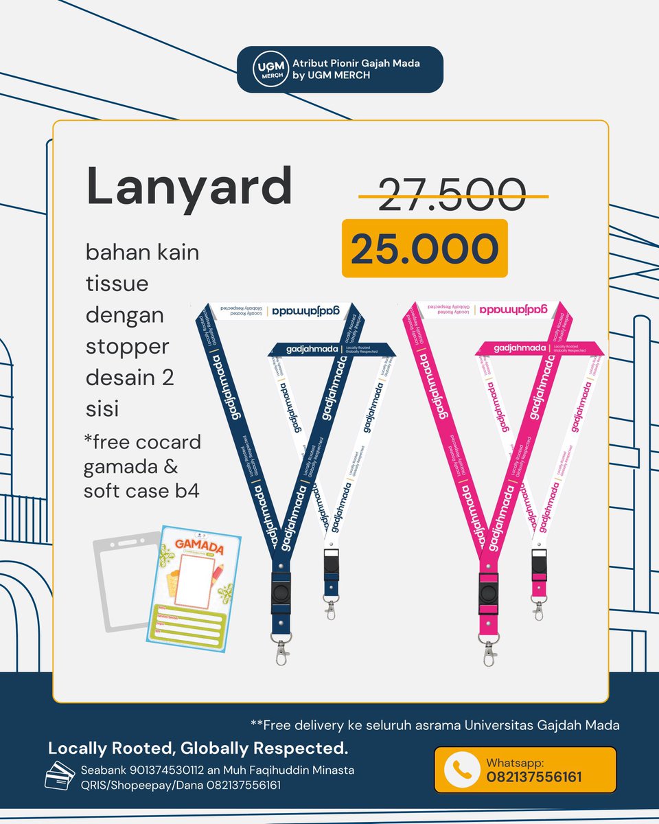 UGM_FESS's tweet image. Open Pre-Order Merchandise Gadjah Mada

Halo semuanyaa! Meskipun atribut sudah habis, merchandise seperti gantungan kunci, lanyard, topi, dan totebag masih dapat dipesan ya. Terima kasih atas antusiasme teman-teman!

hubungi: wa.me/+6282137556161

Pembayaran dapat melalui:…