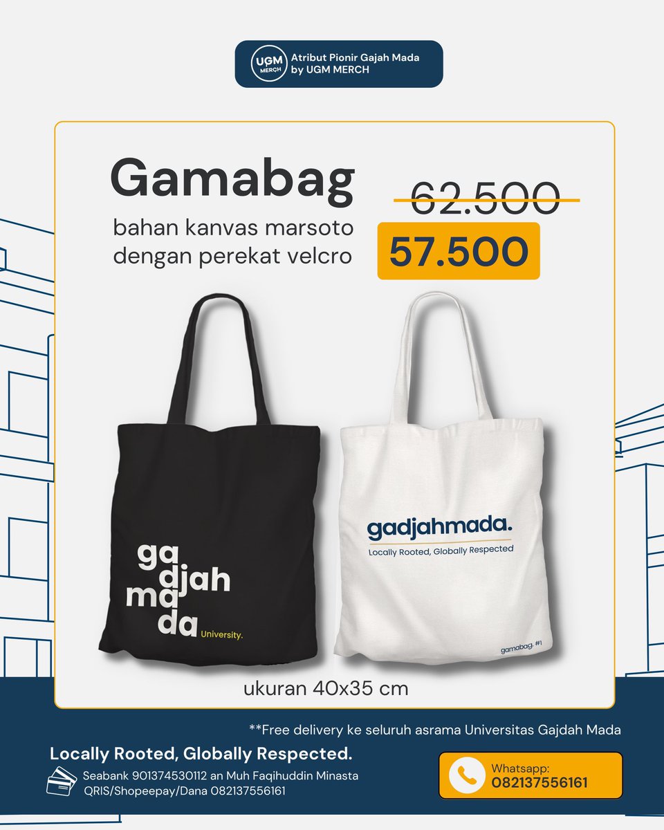 UGM_FESS's tweet image. Open Pre-Order Merchandise Gadjah Mada

Halo semuanyaa! Meskipun atribut sudah habis, merchandise seperti gantungan kunci, lanyard, topi, dan totebag masih dapat dipesan ya. Terima kasih atas antusiasme teman-teman!

hubungi: wa.me/+6282137556161

Pembayaran dapat melalui:…