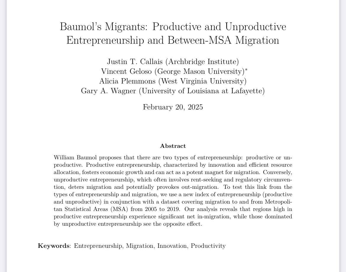 Vincent Geloso (@vincentgeloso) on Twitter photo Now forthcoming in the European Journal of Political Economy with <a href="/Alicia_Plemmons/">Alicia Plemmons</a> <a href="/_WagnerG_/">Gary A. Wagner</a> and <a href="/JustinTCallais/">Justin Callais</a>: Baumol's Migrants: Productive and Unproductive Entrepreneurship and Between-MSA Migration. Will do a thread monday
pcs.mymeetingsavvy.net/download/submi… Now forthcoming in the European Journal of Political Economy with <a href="/Alicia_Plemmons/">Alicia Plemmons</a> <a href="/_WagnerG_/">Gary A. Wagner</a> and <a href="/JustinTCallais/">Justin Callais</a>: Baumol's Migrants: Productive and Unproductive Entrepreneurship and Between-MSA Migration. Will do a thread monday
pcs.mymeetingsavvy.net/download/submi…