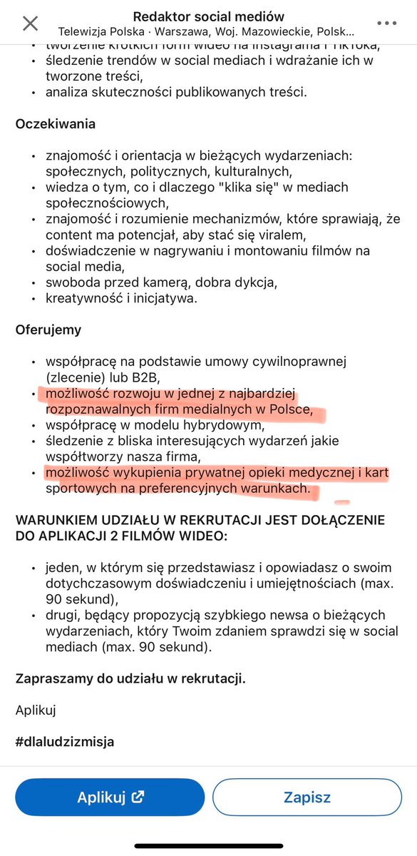 OlechowskiJarek's tweet image. TVP rzekomo w likwidacji zatrudnia ludzi. Nie kryje się z tym. Publikuje ogłoszenia w ogólnie dostępnych serwisach społecznościowych. Oferuje „możliwość rozwoju w jednej z najbardziej rozpoznawalnych firm medialnych w Polsce” oraz „możliwość wykupienia prywatnej opieki medycznej…
