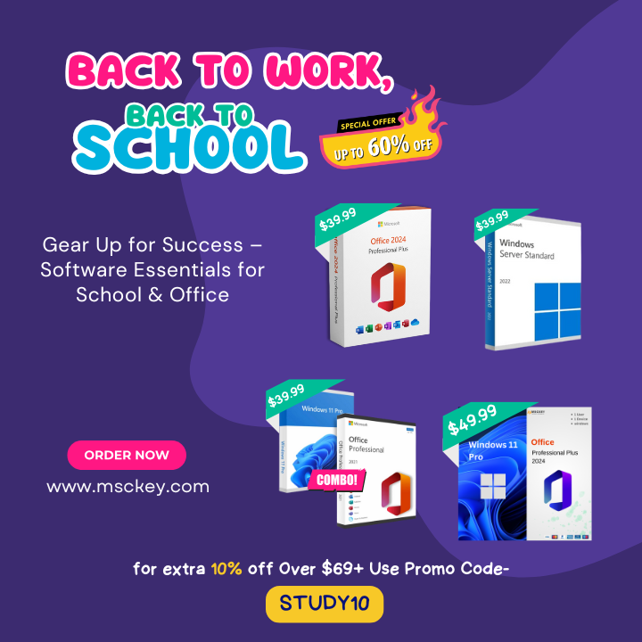Back to school or back to work?
Upgrade your digital tools without overspending!
🖥️ Win11 Pro – $29.99
📊 Office 2021 Pro Plus – $29.99
🎁 Bundle Deal – $39.99
🧠 Office 2024 – $39.99
🔐 Server 2022 – From $39.99
🔗msckey.com

#PCsoftware #Windows11 #Office2021