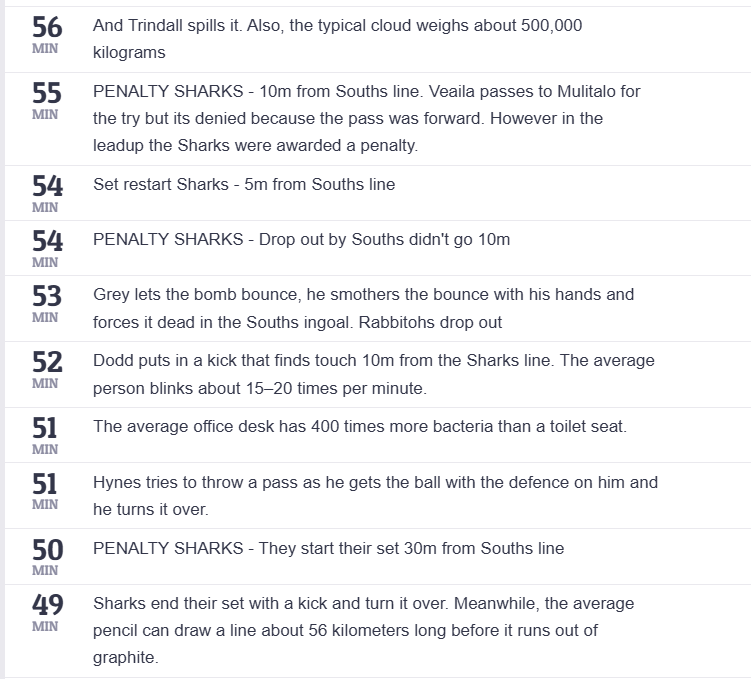 LeagueUnlimited's tweet image. How do you know when @AndrewRLP is unimpressed with a game? He starts putting random facts into his Live Update. Which is your favourite?
#NRLSouthsSharks