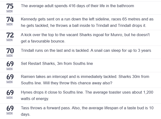 LeagueUnlimited's tweet image. How do you know when @AndrewRLP is unimpressed with a game? He starts putting random facts into his Live Update. Which is your favourite?
#NRLSouthsSharks
