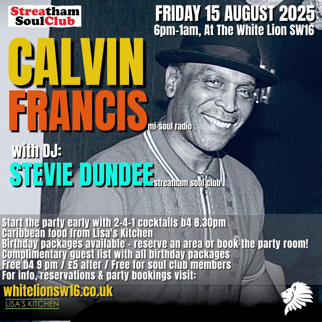 Looking forward to appearing at the streatham soul club it’s been a while, always a great vibe at this venue and the food from Lisa’s kitchen is simply brilliant and authentic. Info available at whitelionsw16.co.uk 👍🏽