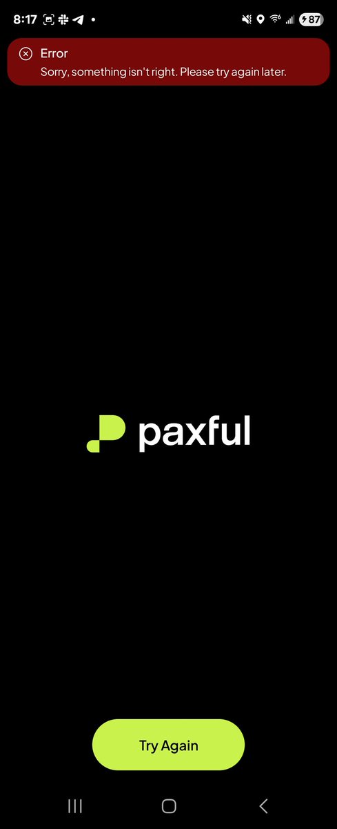 Hey @Paxful — your app’s been down for over 10 hours now ⏰😬
What’s going on? Your users need answers... and help.

Your API’s broken too. Might want to check that ✅🙂
#PaxfulIsDead #paxful #FixYourPlatform  #RIPpaxful #UsersDeserveBetter #SwitchToNoOnes #P2PTrading