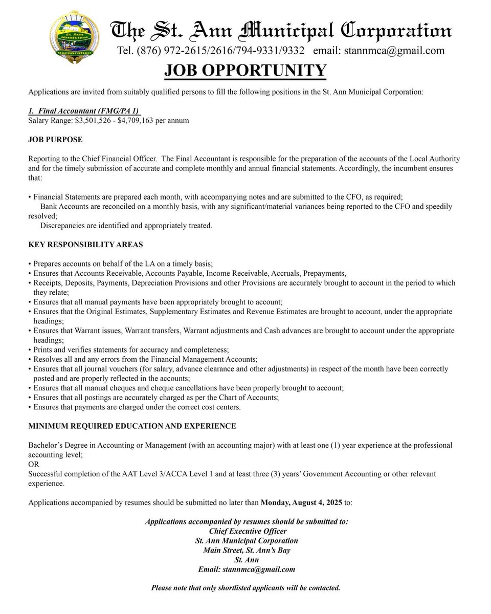 stann360's tweet image. Work with the St. Ann Municipal Corp. Vacant position for a Final Accountant.