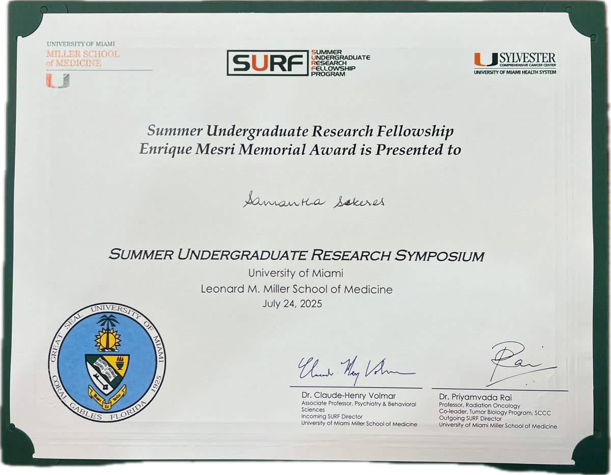 Congratulations Samantha on winning the Enrique Mesri Memorial Award for her presentation of her Summer Undergraduate Research Fellowship project <a href="/SylvesterCancer/">Sylvester Comprehensive Cancer Center</a> <a href="/univmiami/">University of Miami</a>! Your future is looking bright! 😎