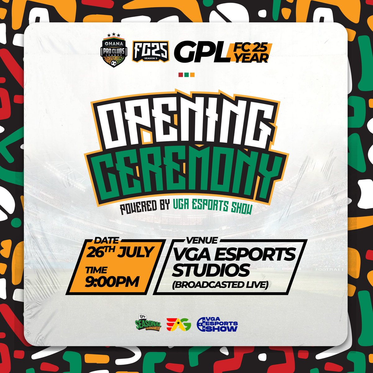 VPG Ghana (@ghanaproclubs) on Twitter photo 🎙️ It All Begins Here!
Join us LIVE this Saturday at 9PM for the GPL FC 25 Season 3 Opening Ceremony — powered by <a href="/vgaesportshow/">VGA ESPORTS SHOW</a> 🎥🔥
We’re kicking off a season of elite football with:
⚽️ Exclusive Captain Interviews
📺 High-quality studio production
🗣️ Team expectations & 🎙️ It All Begins Here!
Join us LIVE this Saturday at 9PM for the GPL FC 25 Season 3 Opening Ceremony — powered by <a href="/vgaesportshow/">VGA ESPORTS SHOW</a> 🎥🔥
We’re kicking off a season of elite football with:
⚽️ Exclusive Captain Interviews
📺 High-quality studio production
🗣️ Team expectations &