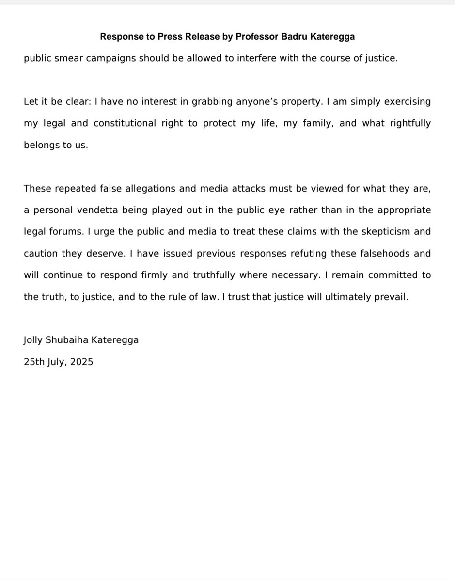 CorruptFreeUG's tweet image. It is important to note that Professor Kateregga voluntarily left our matrimonial home in September 2024 and has never returned since. Despite this, he has continuously issued media statements falsely claiming that he was assaulted and forced out. @PoliceUg