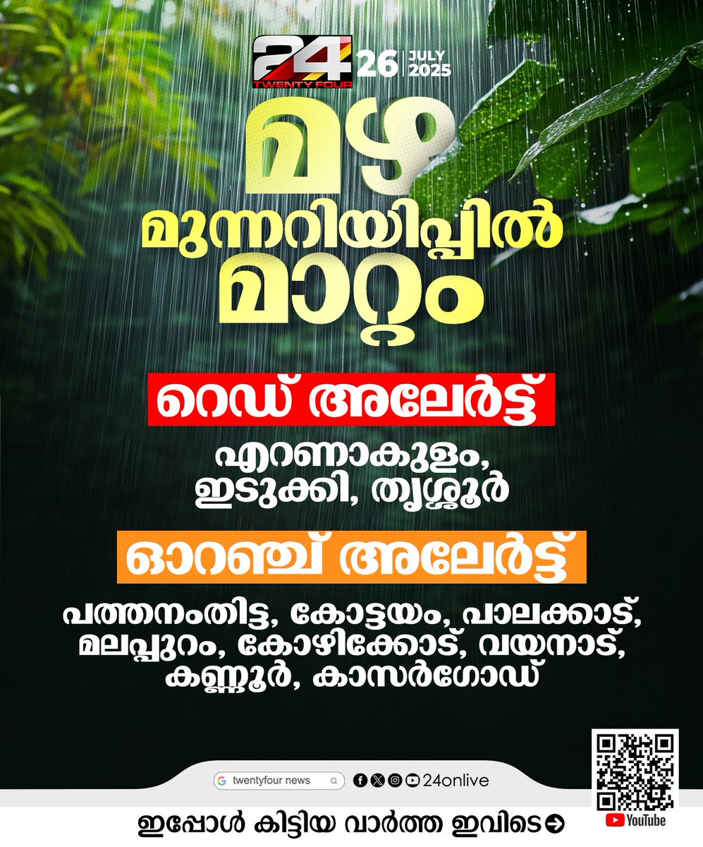 24onlive's tweet image. സംസ്ഥാനത്ത് അതിശക്തമായ മഴയും കാറ്റും തുടരും: മൂന്ന് ജില്ലകളില് റെഡ് അലേര്ട്ട്
#HeavyRainfall #rain #RedAlert #24newshd