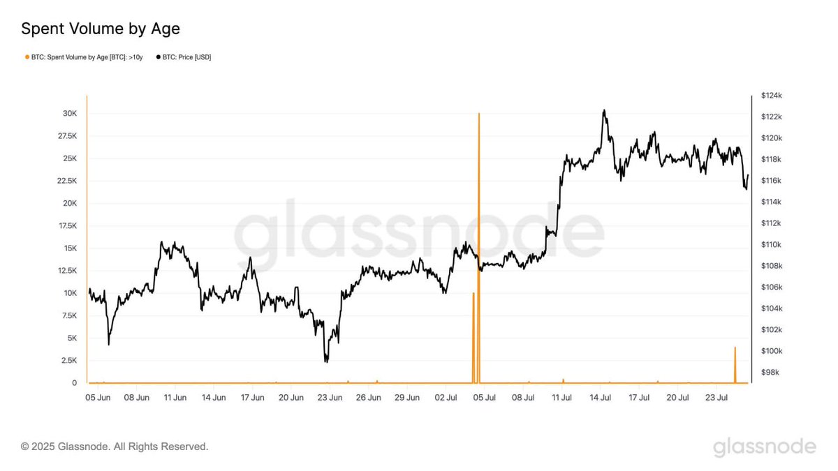 On-Chain Alert:

3,900 $BTC aged 10+ years moved yesterday — following the 80K BTC shift on July 4.

Such ancient coin movements often hint at internal transfers, custodial reshuffling, or potential sell pressure.

#Bitcoin