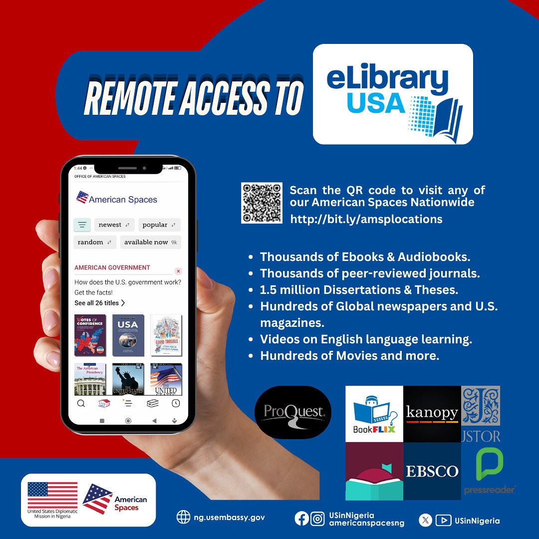 Did you know that our American Spaces offer FREE access to thousands of resources, including eBooks, academic journals, dissertations, global newspapers, language learning videos, and so much more?

Visit an American Space near you to find out more: bit.ly/amsplocations