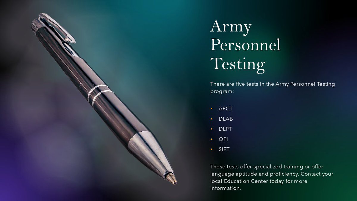 ArmyUniversity's tweet image. There are 5 tests in the Army Personnel Testing (APT) program: AFCT, DLAB, DLPT, OPI, and SIFT. These tests allow specialized training or assess language aptitude and proficiency. Contact your servicing Army Education Center for more information.
#ArmyPersonnelTesting #APT