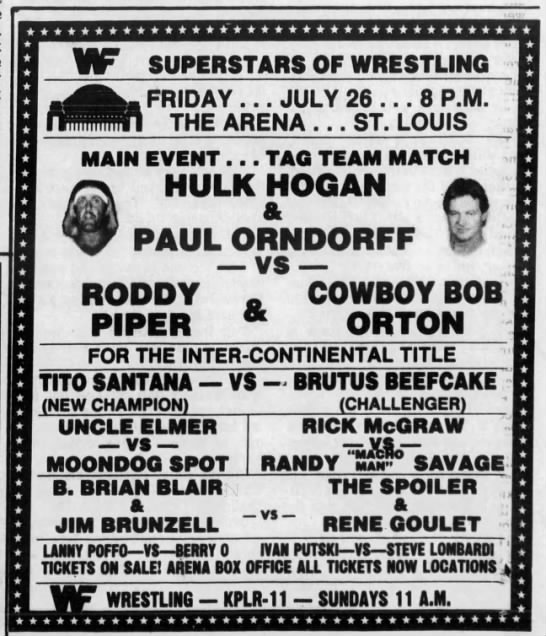 PaulOrndorffWWE's tweet image. On this day in @WWE (1985)...
#HulkHogan @R_Roddy_Piper