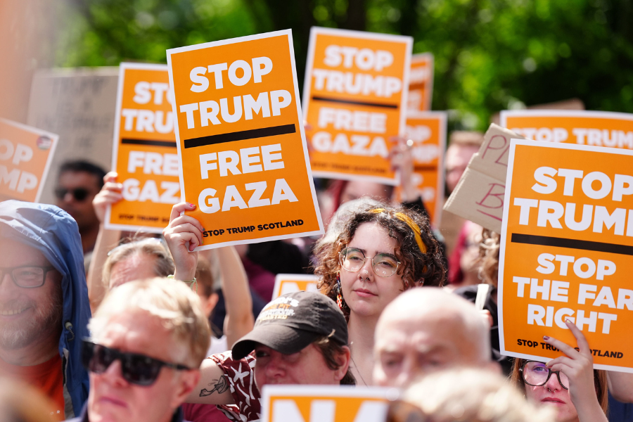 Hundreds of people in both Aberdeen and Edinburgh have gathered to protest against Donald Trump this afternoon 

The US President is currently in Scotland during a five-day trip where he is visiting two of his golf courses