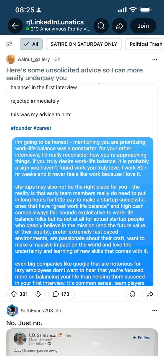 thatguybg's tweet image. so i made it onto r/linkedinlunatics 

for a totally fabricated post about work life balance designed to enrage people on linkedin (see text i sent to myself, not a candidate)

there must be an award for this