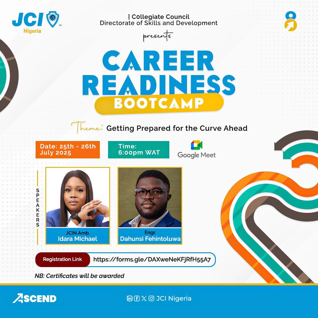 jcinfunaab's tweet image. You didn't attend yesterday and you plan to miss out again today? Not a chance.
Register and show up!!!
forms.gle/DAXweNeKFjRfH5…
Time: 6:00pm WAT
See you soon 🤭🤭.
#Ascend
#Elv8
#JCINigeriaCollegiate
#JCINigeria
#JCI