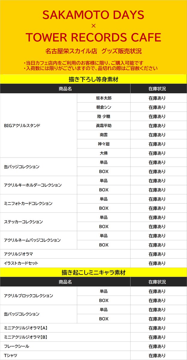 TRC_nagoya's tweet image. 【#SAKAMOTODAYS × TOWER RECORDS CAFE】
📢7月26日閉店時点でのグッズ在庫状況に関するお知らせ
在庫の少ない商品は品切れする可能性がございます。
あらかじめご了承ください。
#サカモトデイズ