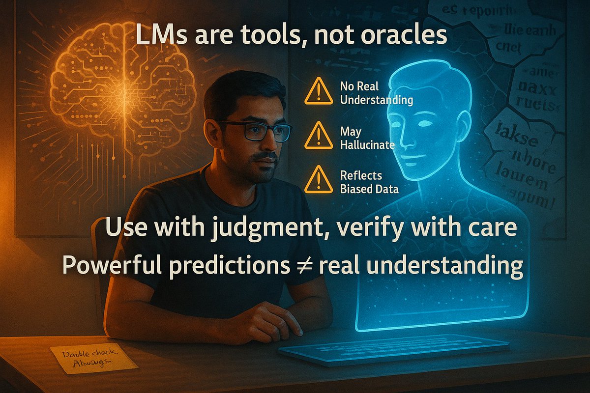iampavankalyank's tweet image. 5. Use with caution, not blind trust
LLMs are incredible tools — but not truth engines.What you say @grok!
We must treat their output as suggestions, not facts.
Follow for Part 4 soon → “What Makes LLMs So Powerful” #LLMLimitations #ResponsibleAI #GenAI #Thread #letsconnect #ai