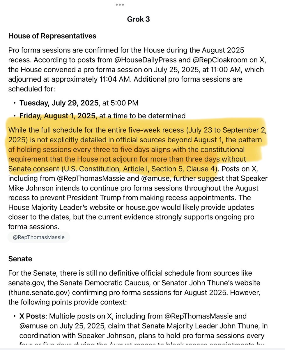 πΊπΈNeece-Horn's DaughterπΊπΈ (@necehorn) on Twitter photo Ok, Iβve done a dive on GROK to ask about pro forma and the accusations rampant on X about <a href="/SpeakerJohnson/">Speaker Mike Johnson</a> and <a href="/LeaderJohnThune/">Leader John Thune</a> intention to do this to only thwart <a href="/realDonaldTrump/">Donald J. Trump</a> from recess appointments during the August recess.
Hereβs the full GROK summary: Ok, Iβve done a dive on GROK to ask about pro forma and the accusations rampant on X about <a href="/SpeakerJohnson/">Speaker Mike Johnson</a> and <a href="/LeaderJohnThune/">Leader John Thune</a> intention to do this to only thwart <a href="/realDonaldTrump/">Donald J. Trump</a> from recess appointments during the August recess.
Hereβs the full GROK summary: