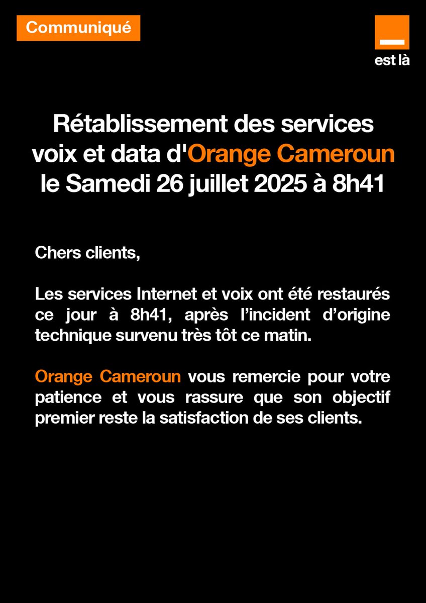 Chers clients,   
Suite à un incident technique nos services ont été momentanément perturbés. Les appels, Internet et SMS sont désormais rétablis.   Toutes nos excuses.