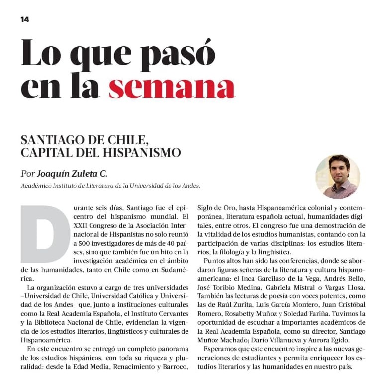 Nota del diario La Tercera de hoy, a propósito del XXII Congreso de la Asociación Internacional de Hispanistas celebrado en Santiago de Chile.