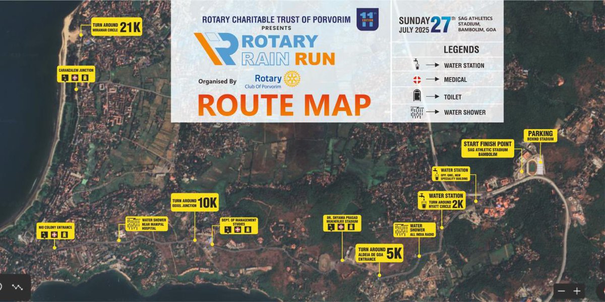 Rotary Rain Run will be held on Sunday 27th July 2025 from Athletic Stadium, Bambolim from 05.45 hrs onwards. The participants will proceed towards Bambolim underpass and proceed towards NIO Circle Dona Paula and further towards Miramar Circle and return back and culminate at