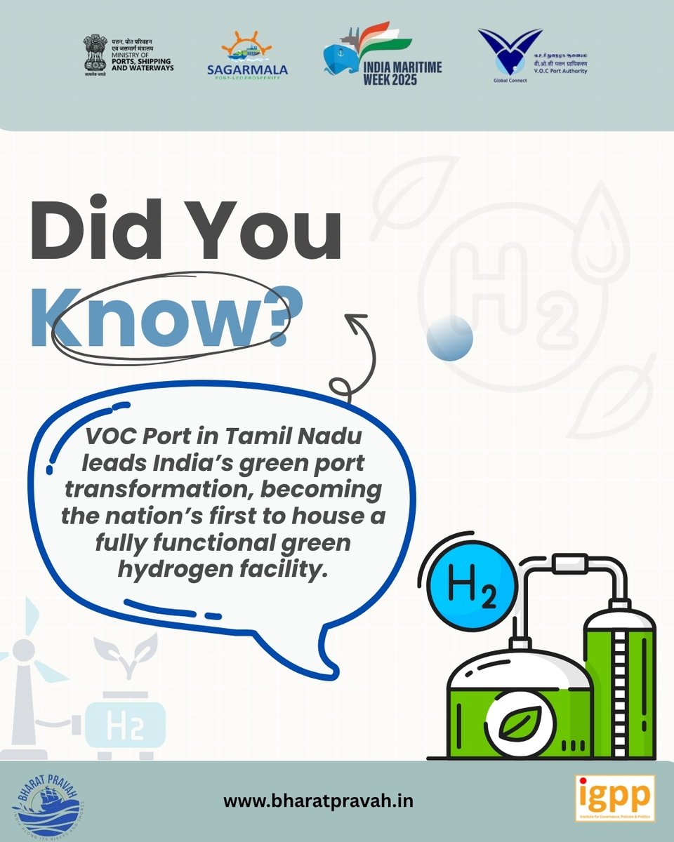 IGPPVMF's tweet image. Did You Know?
VOC Port in Tamil Nadu is pioneering India’s green port revolution - it’s the first in the country to host a fully functional green hydrogen facility!
A bold step towards sustainable maritime operations.
@shipmin_india I @vocport_tuticorin I @sarbanandasonowal I…